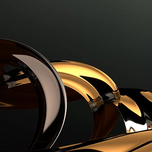 Abstract 3D rendering of intertwined metallic gold and silver ribbons on black background, representing KURZ’s premium finishing aesthetics.